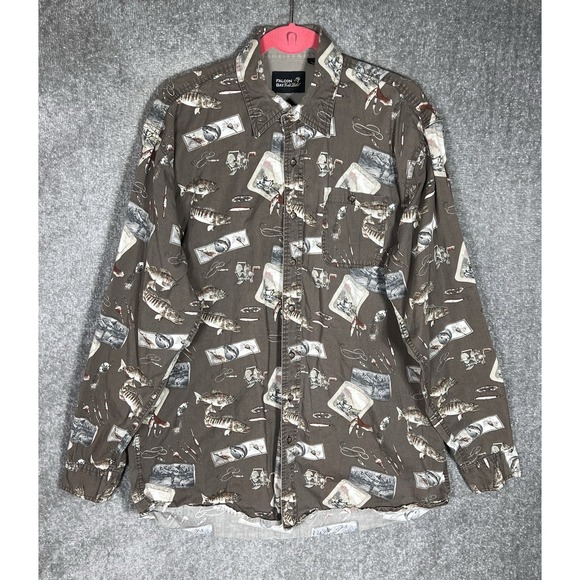 Falcon Bay Gold‎ Label Button Up Shirt Mens Sz Large Tall Fish Fishing Print VTG - Picture 1 of 5